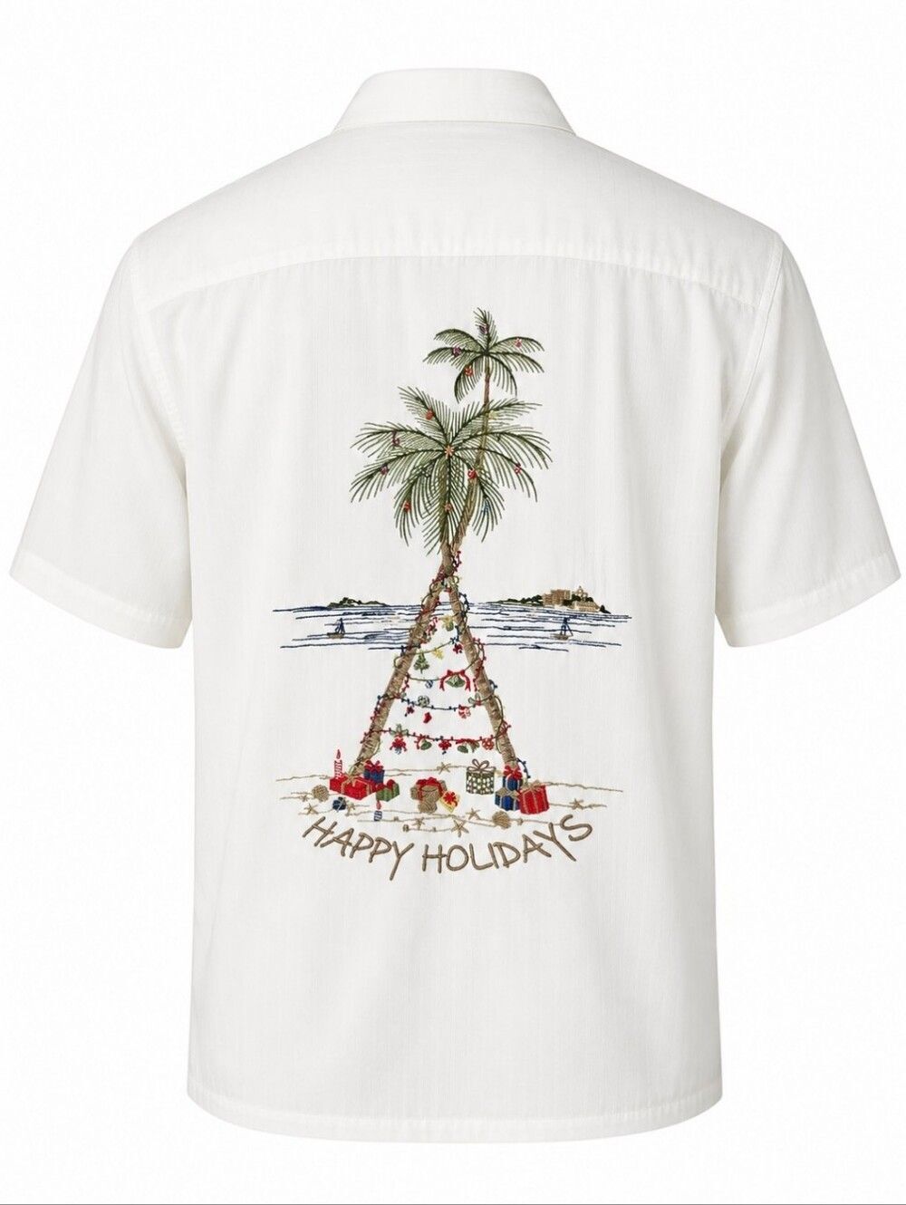 Bamboo Cay Men's White Short-Sleeve Holiday Christmas Palm Tree Button-Up Shirt